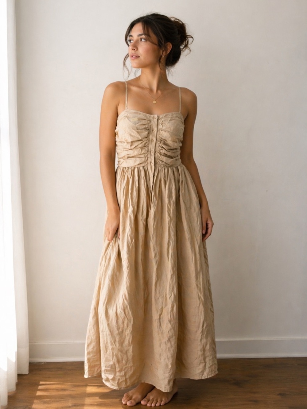 Sleeveless Ruched Bodice Maxi Dress in Beige